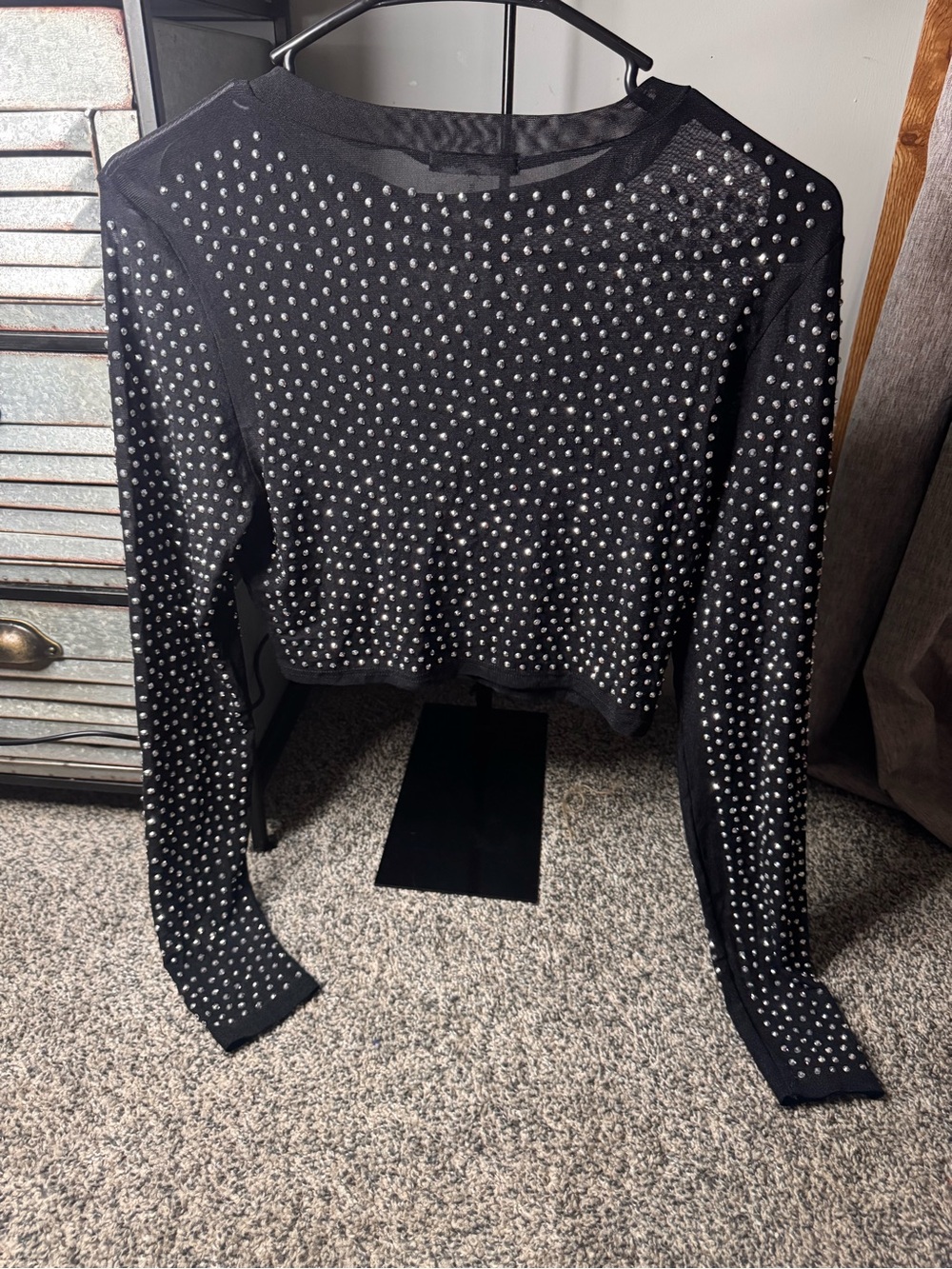 Black Studded Long-Sleeve Crop sheer Top - grunge, club wear